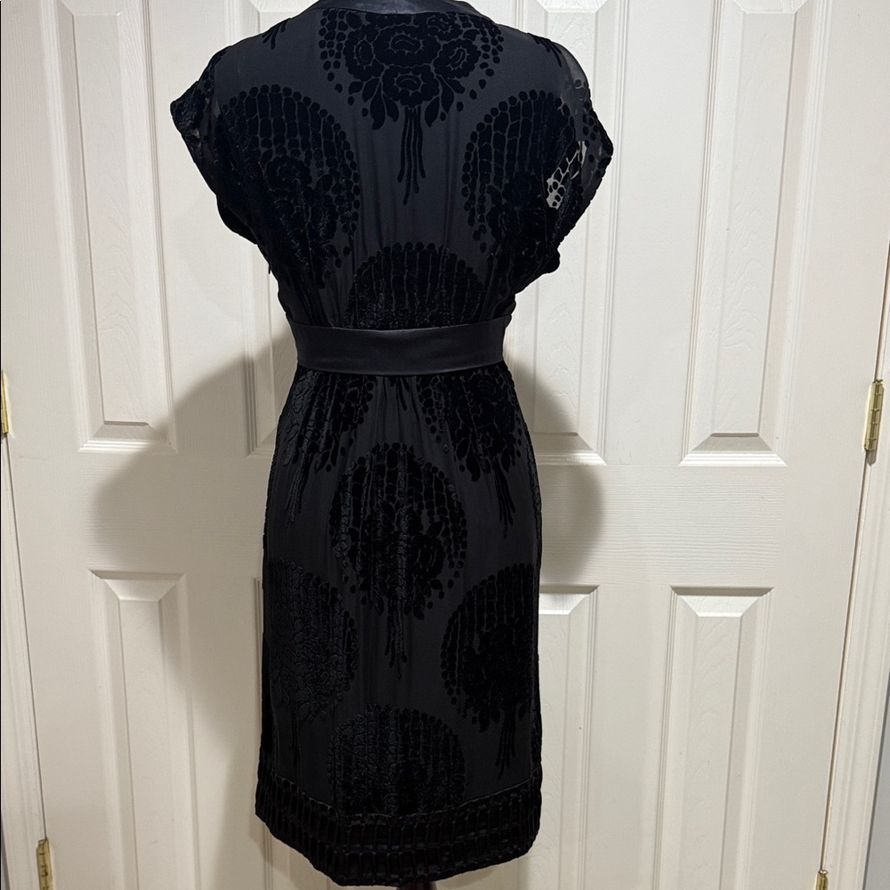 BCBGMaxAzria Black Velvet burnout satin trim Midi Dress, like New, Sz 10 - Picture 14 of 17